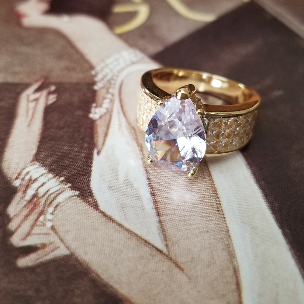 ❗Vintage Art Deco Style Pear Shaped Faux Diamond Statement Cocktail Ring 7❗